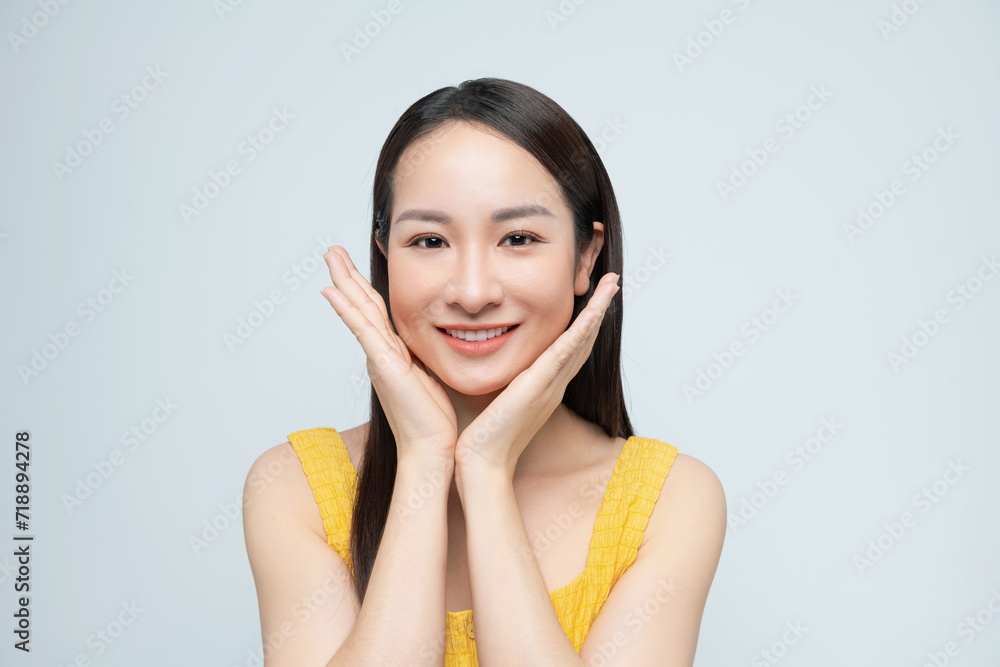 young woman casual portrait in positive view, big smile over white background young woman casual portrait in positive view, big smile over white background