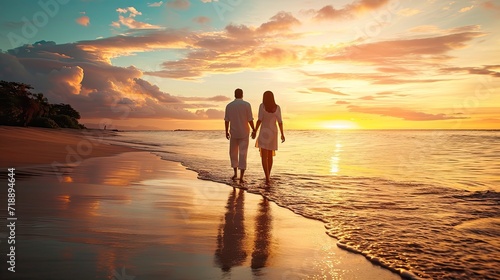 Beachside Love. Romantic beach setting, with a couple enjoying a serene sunset or a walk along the shoreline. © Svfotoroom