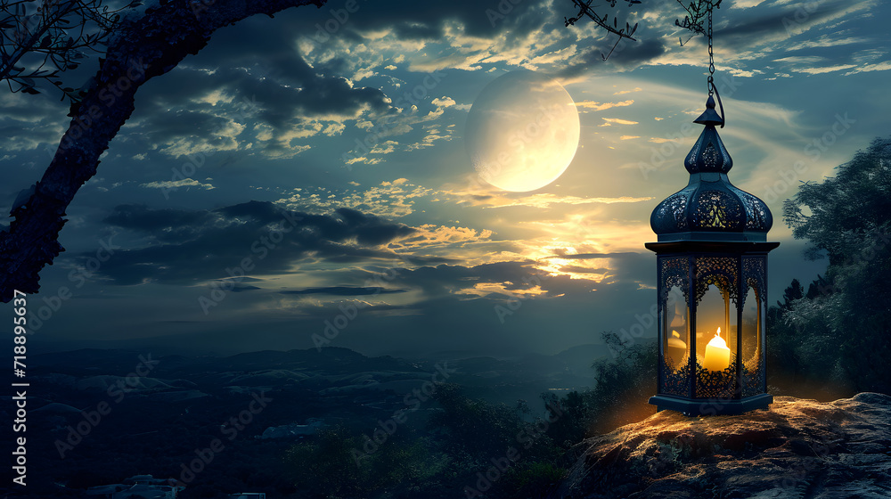 Lantern's warm glow illuminates tranquil twilight scenery, casting shadows under moon Lantern's warm glow illuminates tranquil twilight scenery, casting shadows under moon