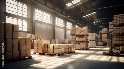 Pile of cardboard inside the goods delivery warehouse. generative AI © original logo