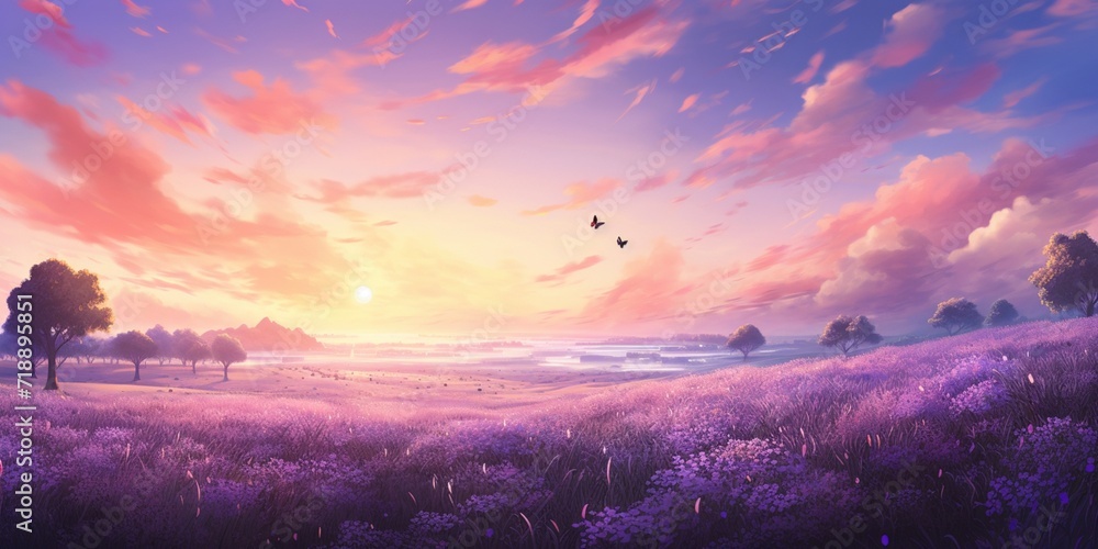 A field of lavender under a pastel sky, where butterflies and bees gather nectar, and a group of deer grazes in the fragrant meadow. - obrazy, fototapety, plakaty 
