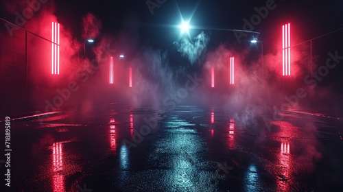 Wet asphalt, reflection of neon lights, a searchlight, smoke. Abstract light in a dark empty street with smoke, smog. Dark background scene of empty street, night view