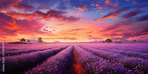 A field of lavender under a pastel sky  where bees buzz around  and a family of deer grazes in the fragrant meadow.
