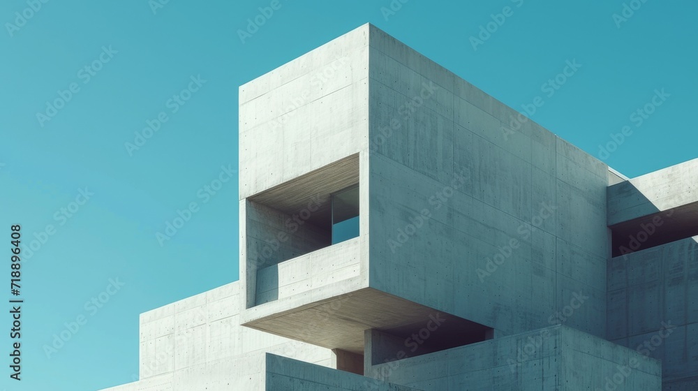 Clean lines of neo-brutalist architecture against a blue sky Clean lines of neo-brutalist architecture against a blue sky