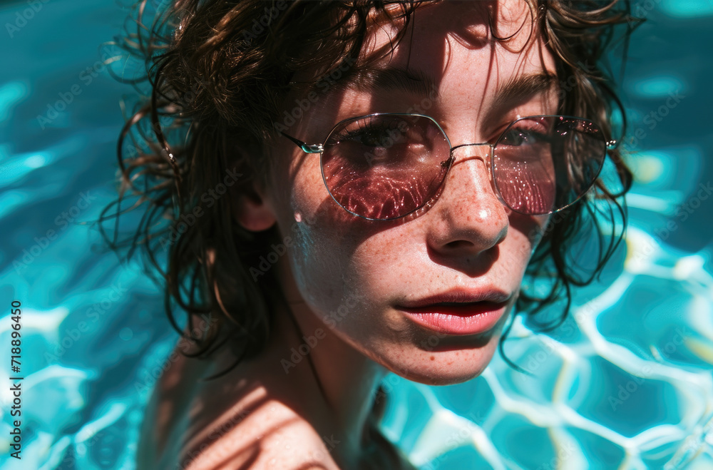 A young woman with wet hair and round sunglasses reflected in a pool.