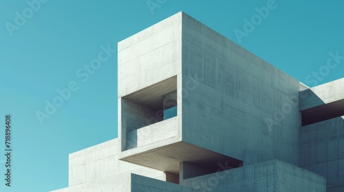 Clean lines of neo-brutalist architecture against a blue sky