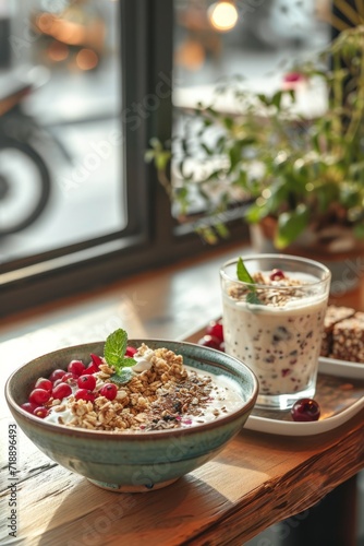 A rustic breakfast setup with a bowl of yogurt and granola and a berry smoothie
