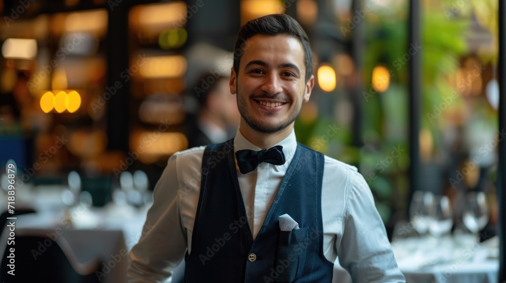 Fototapeta premium waiter man in uniform serve and get order in ruxury restaurant