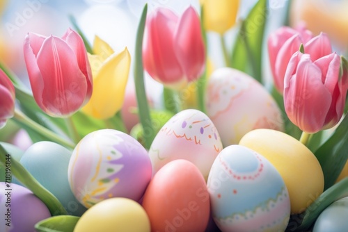 An array of Easter eggs, adorned with subtle speckles, complements the surrounding bouquet of spring flowers, creating a feast for the eyes © 18042011
