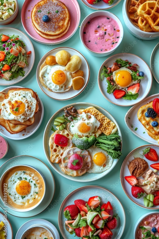 A variety of breakfast meals neatly arranged on pastel-colored plates A variety of breakfast meals neatly arranged on pastel-colored plates