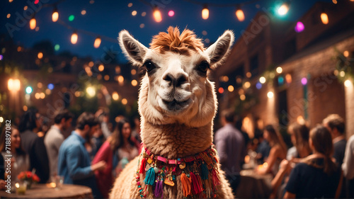A llama at a people's party. Generative AI photo