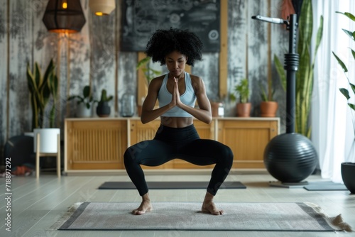 Concentrated Positive Black Woman Doing Cardio, High Knees and Squat Exercises During Daily Workout at Cozy Home. Strong and Fit Girl Committing to Healthy Lifestyle.