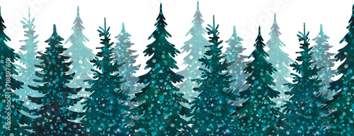 Seamless watercolor border, winter forest