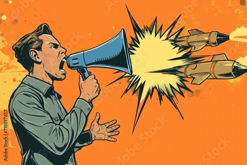 Man shouting in megaphone  war propaganda  hate speech. Angry person screaming into loudspeaker  launching rocket missiles bombs. Military aggression propaganda  media disinformation concept