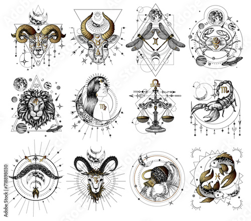 Vector collection of zodiac signs on geometric patterns. Aries, Taurus, Gemini, Cancer, Leo, Virgo, Libra, Scorpio, Sagittarius, Capricorn, Aquarius, Pisces