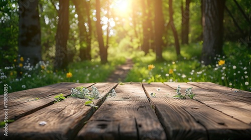 Wooden table and spring forest background photo