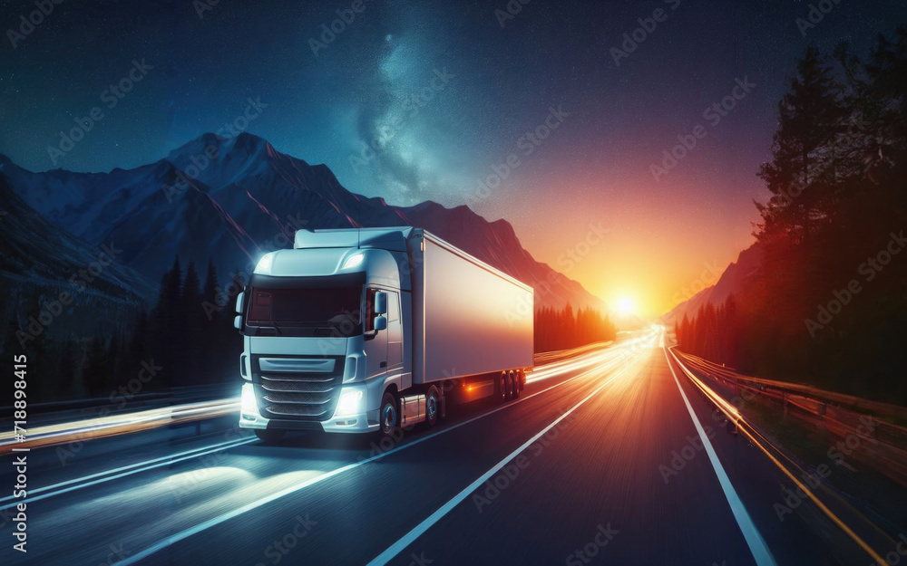 Long Haul Semi-Truck with Cargo Trailer Full of Goods Travels At Night on the Freeway Road