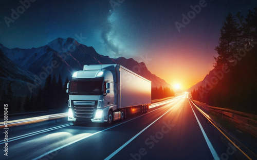 Long Haul Semi-Truck with Cargo Trailer Full of Goods Travels At Night on the Freeway Road