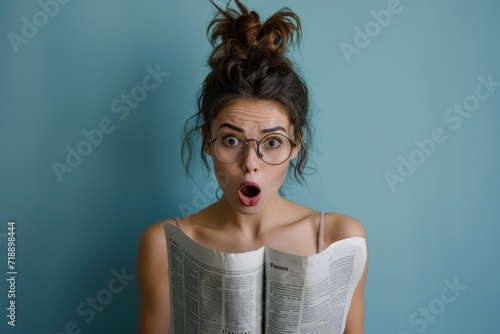 Pretty woman reading tabloid newspaper with anxious and scared face expression, fake news, panic, shocking stories, scaremongering photo