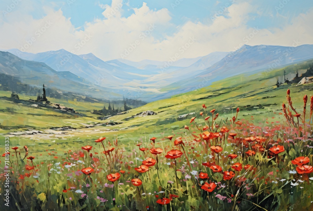 hills with green grass and red flowers in spring