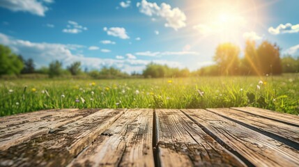 wooden table top product display with a fresh sunny Easter background of blue sky and warm bokeh with green grass meadow foreground