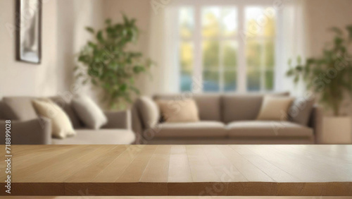 Empty wooden table top on blur living room background, Mockup banner for display of advertise product © Titania