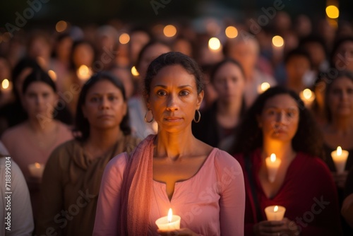 Solemn vigil with diverse women holding candles, concept of communal grief or remembrance.