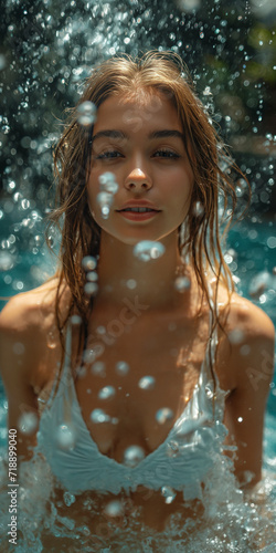 Wunderschönen Frau mit langen Haaren im Bikini schwungvoll im Wasser, ai generativ