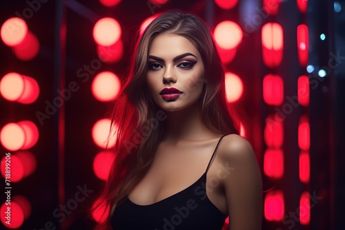 Sexy dance girl in a erotic dress posing in dark neon night club, neon lights, background with a copy space. Sensual woman posing at night club.
