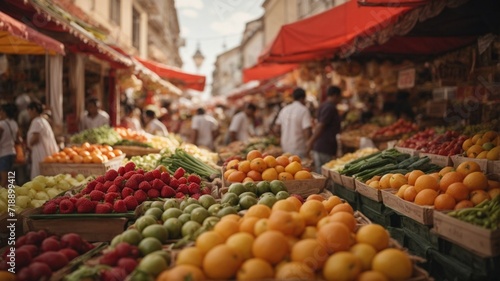 A bustling summer street market, filled with colorful fruits and vegetables, lively music, and the aroma of freshly cooked food.