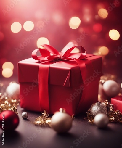Christmas and valentines day red Gift on festive background. copy space for text 