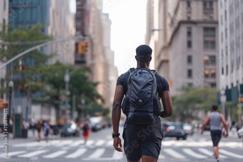 weighted backpack walking sport run in the city happy