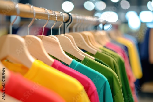 Wooden clothes racks with hangers and with colorful clothes on a blurred background inside shop