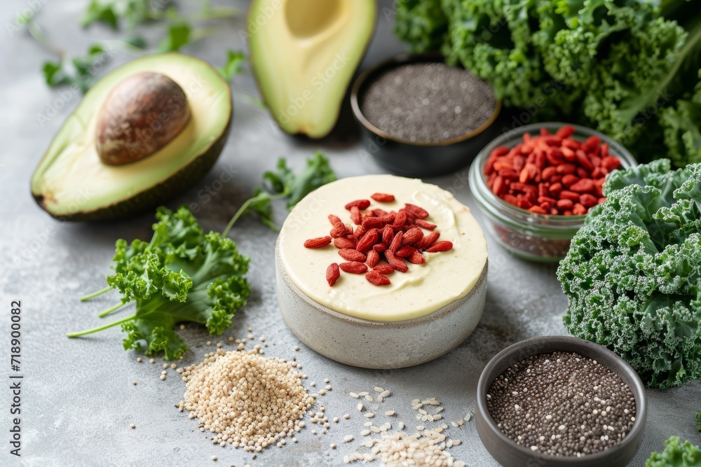 Nutrient rich superfoods displayed with avocado and kale on a textured table Nutrient rich superfoods displayed with avocado and kale on a textured table