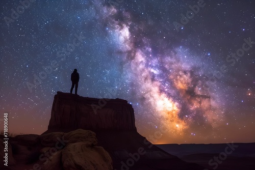 Silhouette of a man staying on rock and watching at the milky way. stars background. photo