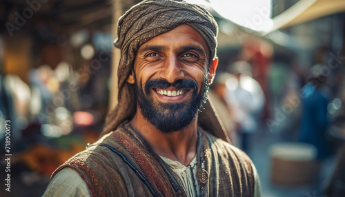 Islam man on food market. Arab men selling on market. Happy cheerful portrait of a male Muslim photo