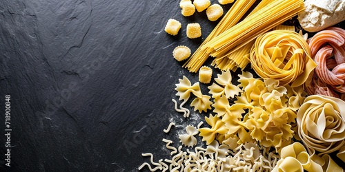 Different types of dry pasta, fusilli, spaghetti, bows, orecchiette, Italian cuisine, background, wallpaper.