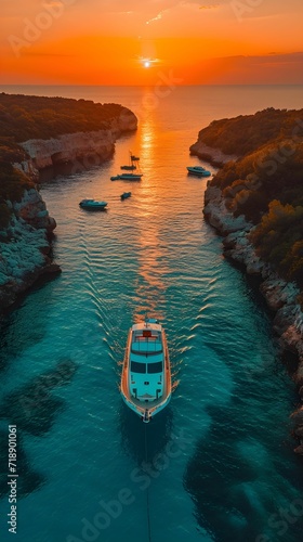 vacation on private yacht in the sea at sunset. luxury private yacht. vertical orientation