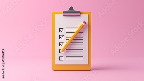 Yellow Clipboard, pencil, and checkmark on pink pastel Background.