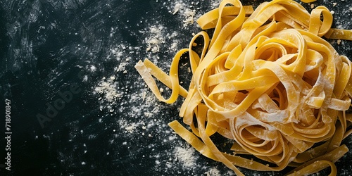 Freshly prepared yellow pasta , dry and cooked pasta , egg pasta , fettuccine , tagliatelle , pasta without sauce with cheese , Italian cuisine , background , wallpaper.