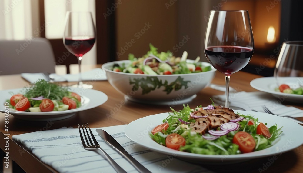 An elegant table set with plates of food, wine glasses, a bowl of salad, and a glass of wine
