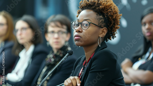 Focus on a moment where a panel member is asking a challenging question, capturing the intensity of the interaction photo