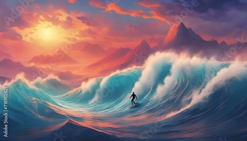 person surfing in the big waves of a moody blue ocean, colorful sunset, dijital painting style.  © abu