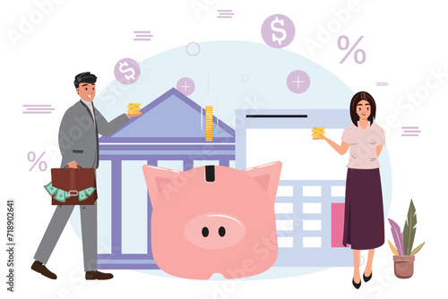 Couple holding money in a savings concept Illustration with piggybank, calculator, bank and financial unity background.
