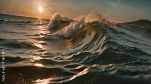 Colorful Ocean Wave. Sunset light on background. photo