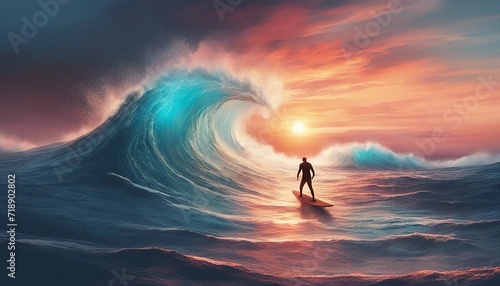person surfing in the big waves of a moody blue ocean, colorful sunset, dijital painting style. 