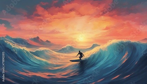 person surfing in the big waves of a moody blue ocean, colorful sunset, dijital painting style.  © abu