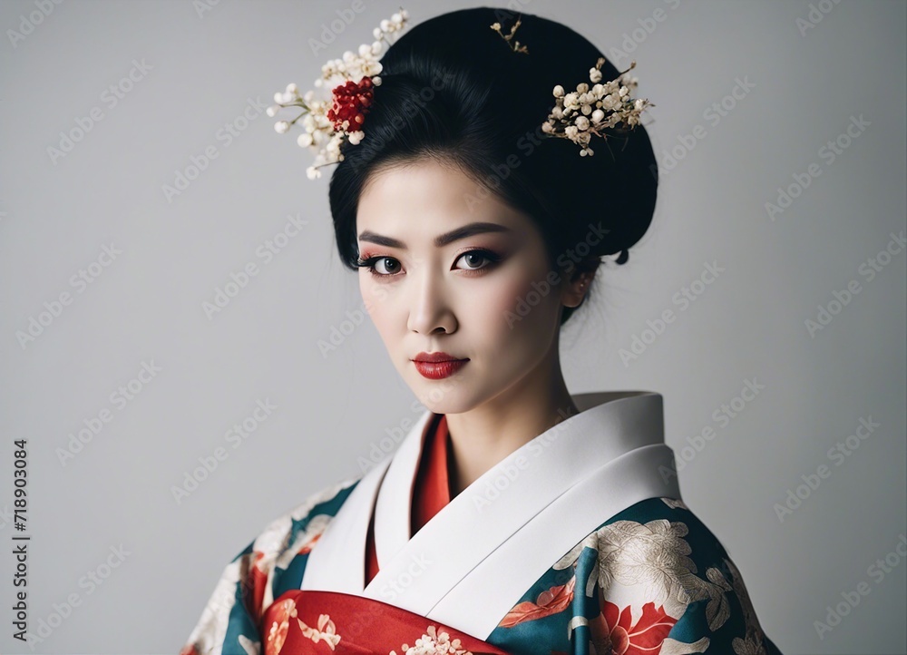 portrait of Beautiful geisha in kimono isolated on white background portrait of Beautiful geisha in kimono isolated on white background