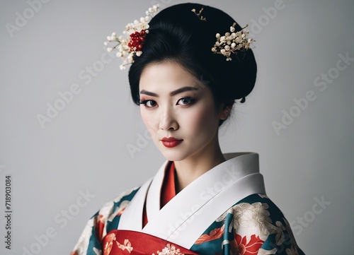 portrait of Beautiful geisha in kimono isolated on white background