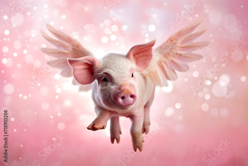 Fantasy Piglet with Wings Soaring Against a Pink Backdrop
